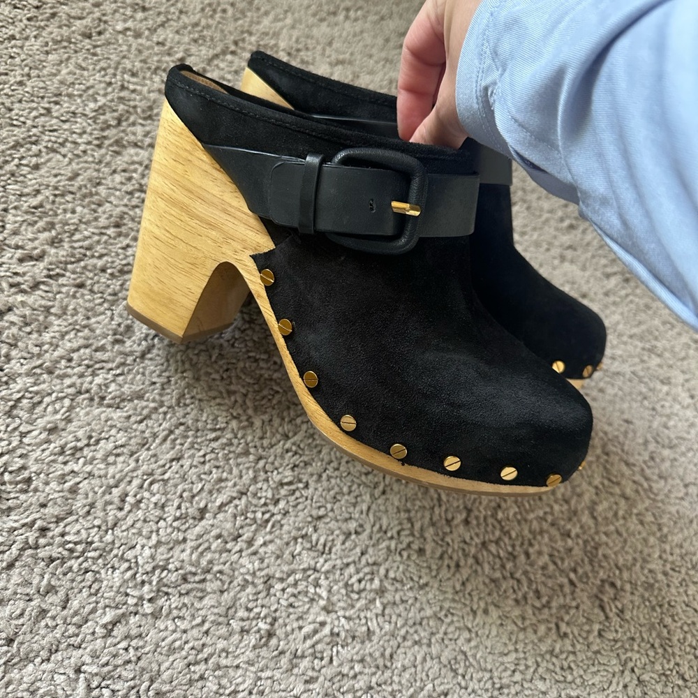 Veronica beard Black Suede Clogs with Wooden Heel